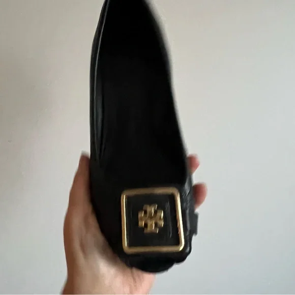Tory Burch Black Leather Julianne Size 6 Peep Toe Wedge Pumps - Picture 9 of 16